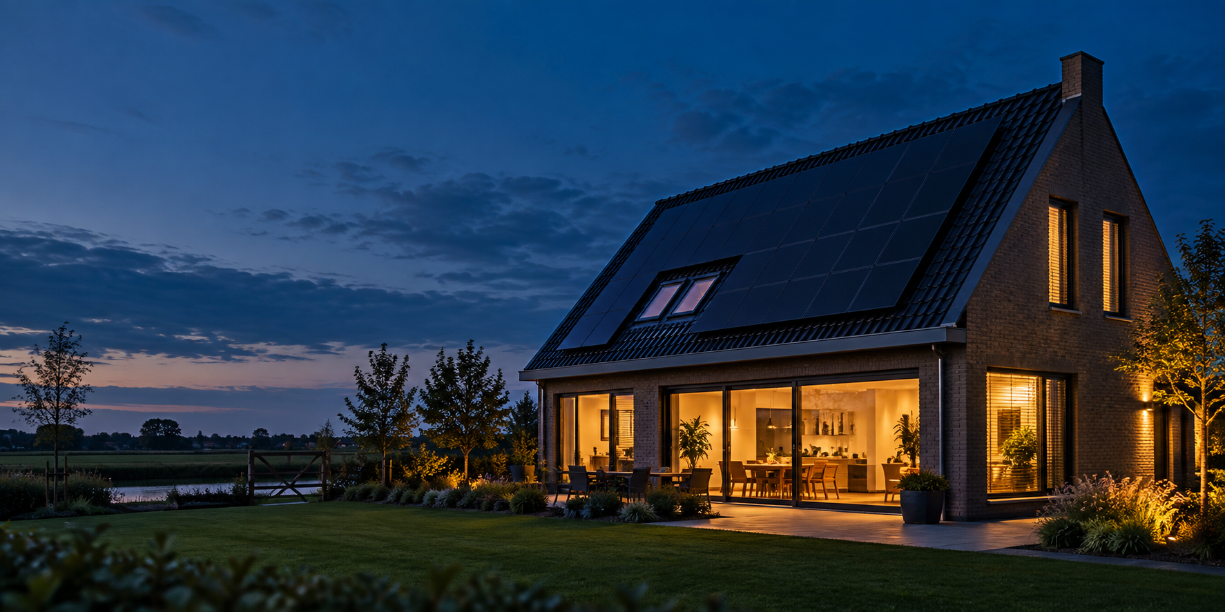 Nederlandse woning met zonnepanelen in de avond